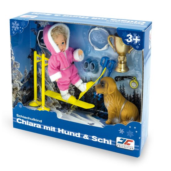 Schischulkind Chiara mit Schi und Hund farblich sortiert: rosa & hellblau Größe: 12 cm